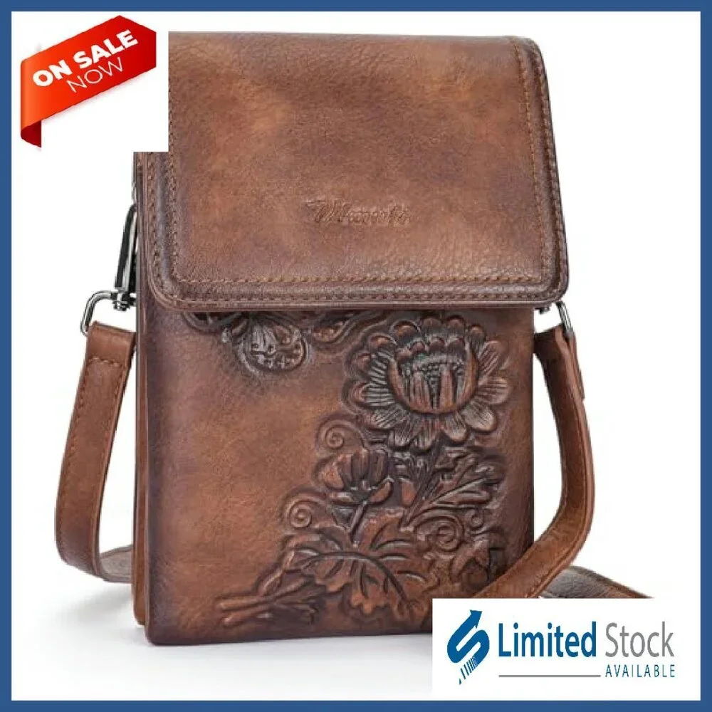 Small Vegan Leather Crossbody Phone Bag with Embossed Flower Design - Picture 2 of 8